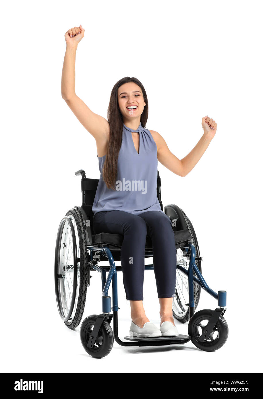 Happy businesswoman in wheelchair on white background Stock Photo - Alamy