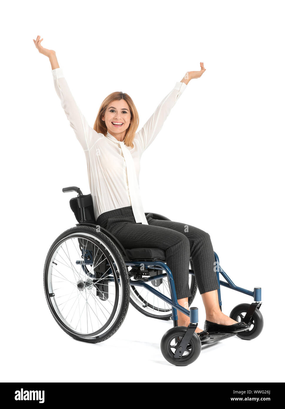 Happy businesswoman in wheelchair on white background Stock Photo - Alamy