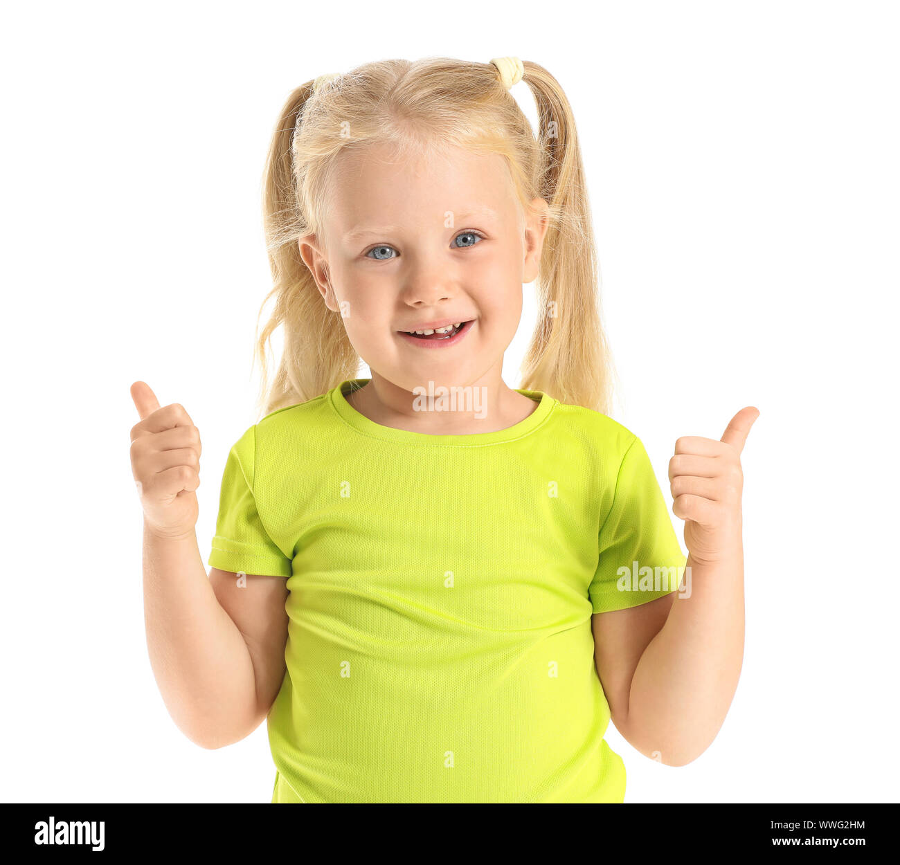 Cute little girl showing thumb-up on white background Stock Photo - Alamy