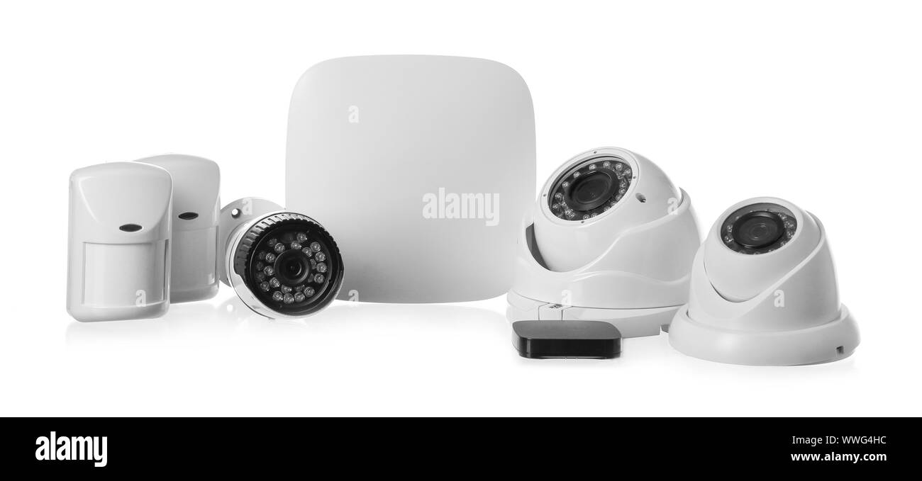 Different equipment of security system on white background Stock Photo ...