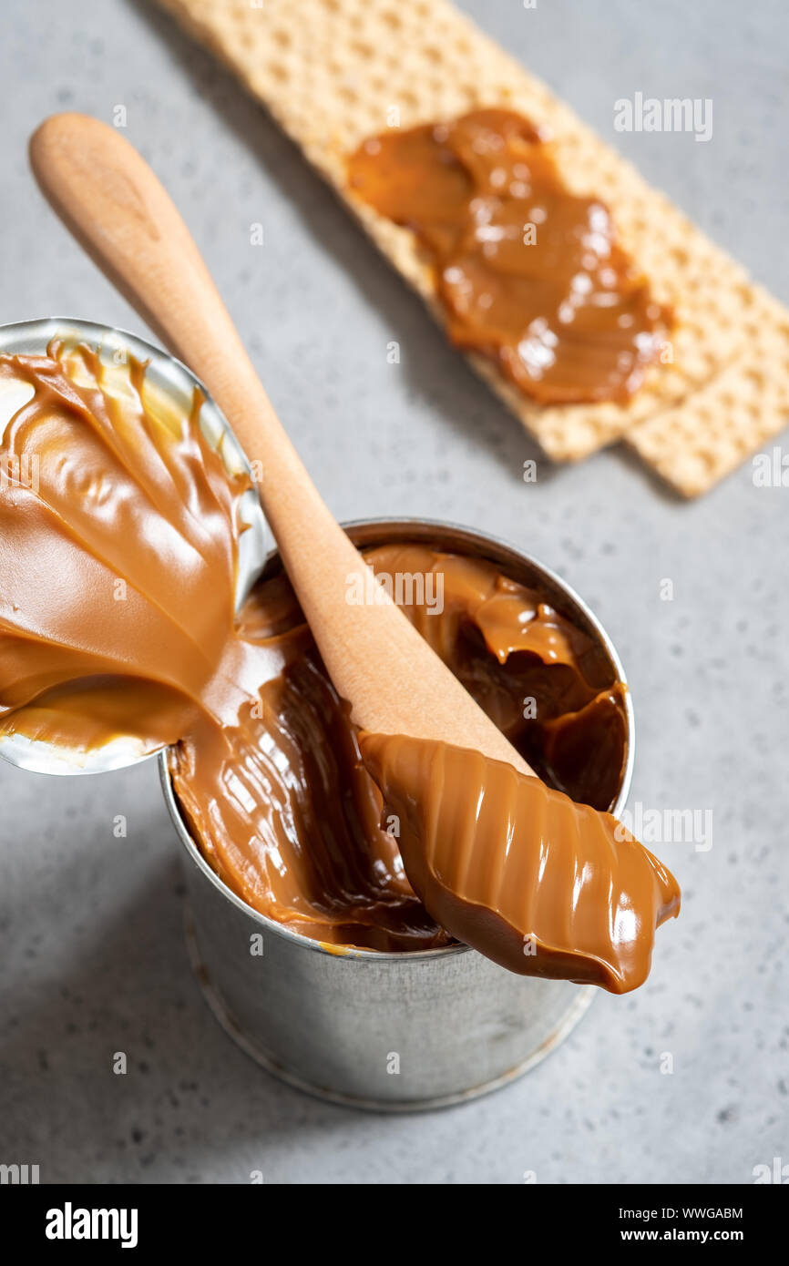 Dulce de leche, caramel condensed milk in a tin can Stock Photo Alamy