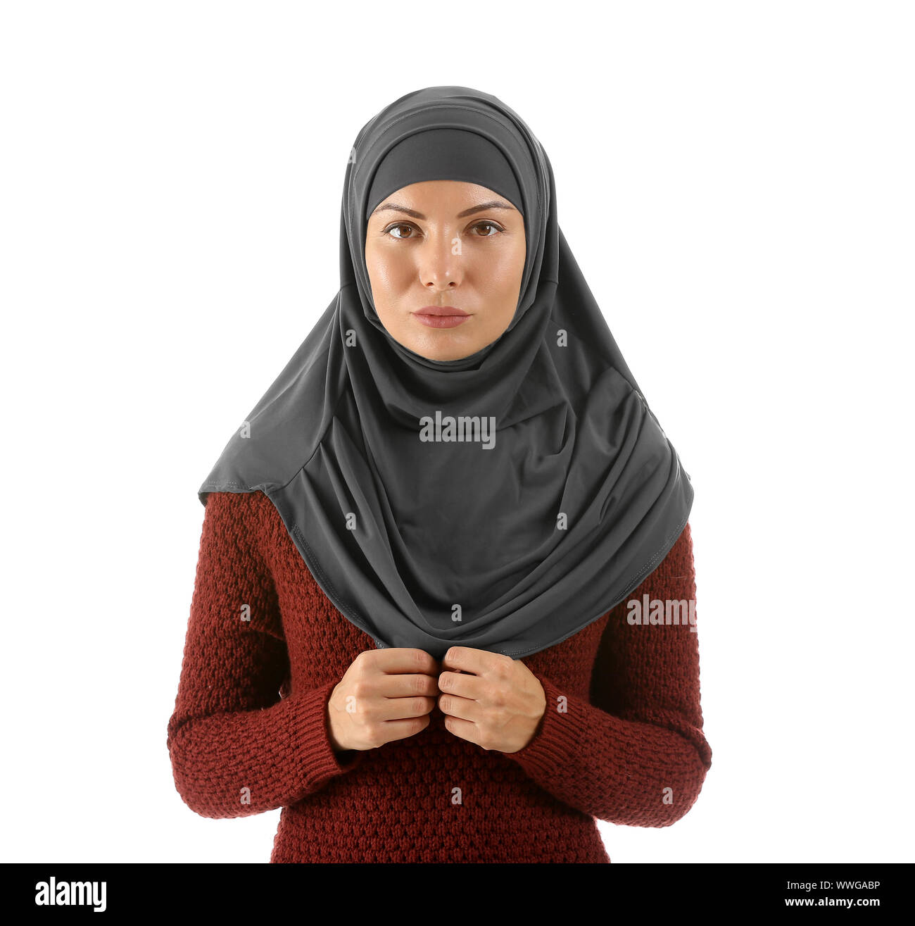 Portrait of beautiful Muslim woman on white background Stock Photo - Alamy
