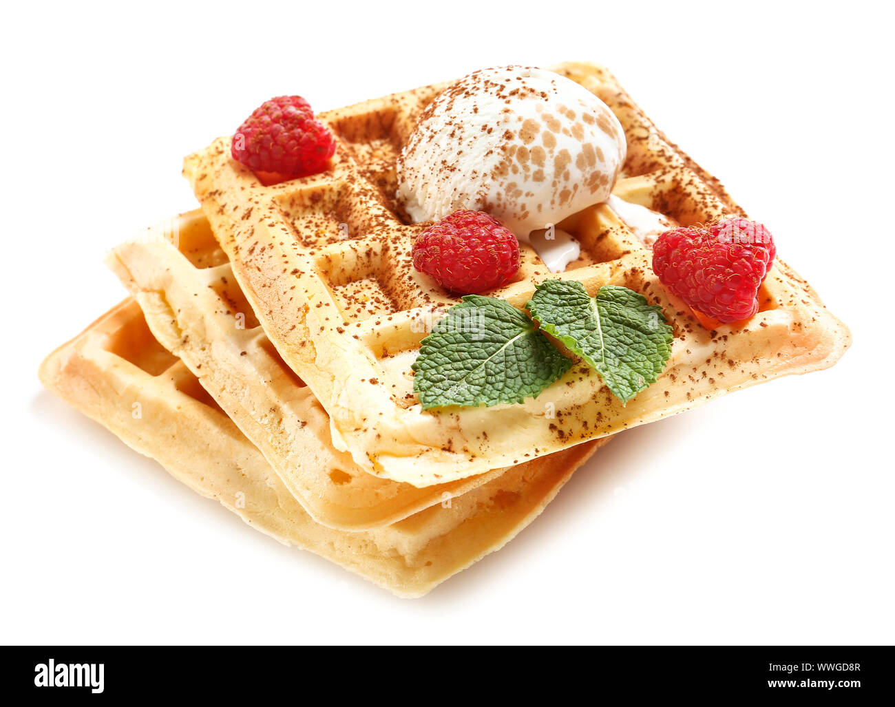 Tasty waffles with berries and ice cream on white background Stock ...