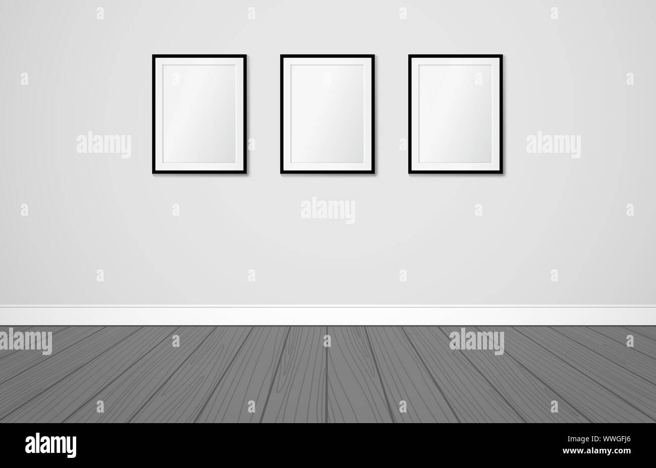 Three frames on a wall. Vector mock up. Modern scandinavian interior design Stock Vector