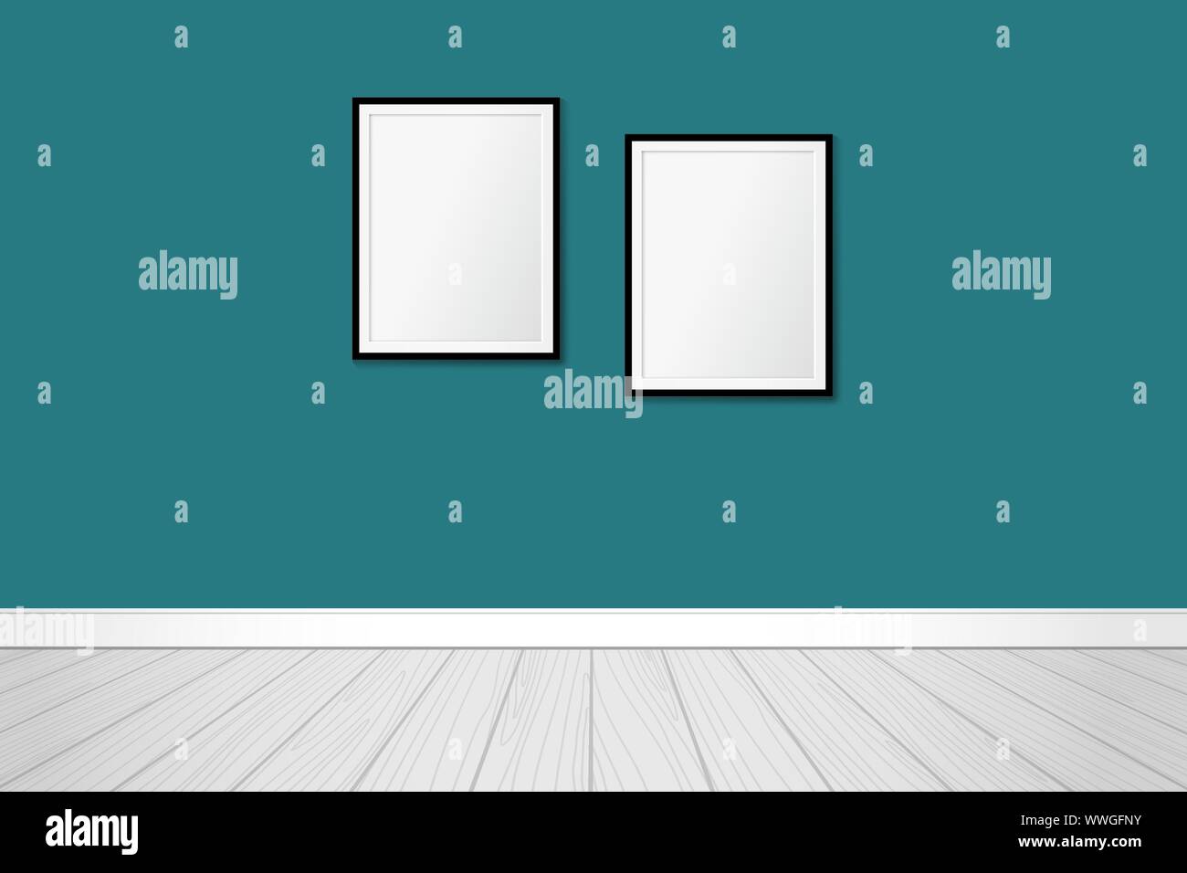 Two frames on an emerald green wall. Interior design. Vector mock up Stock Vector