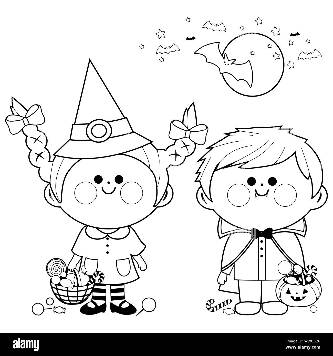 Children dressed in Halloween costumes hold buckets with candy. Black and white coloring page Stock Photo