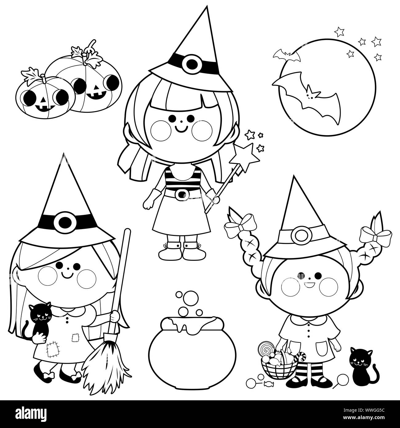 Girls dressed in witch costumes, treats, candy and other Halloween objects. Black and white illustration. Stock Photo
