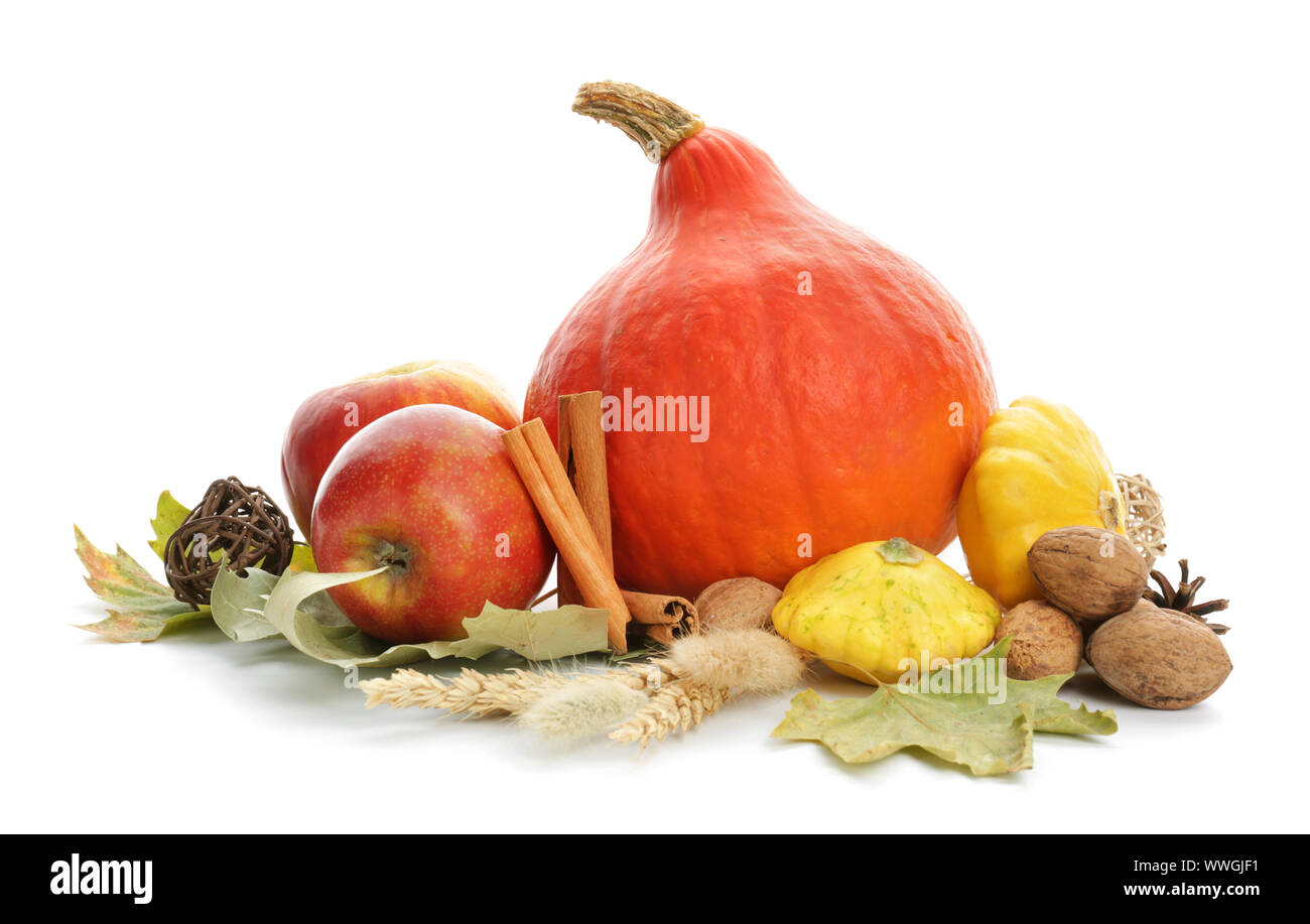 Autumn composition with fresh pumpkins on white background Stock Photo ...