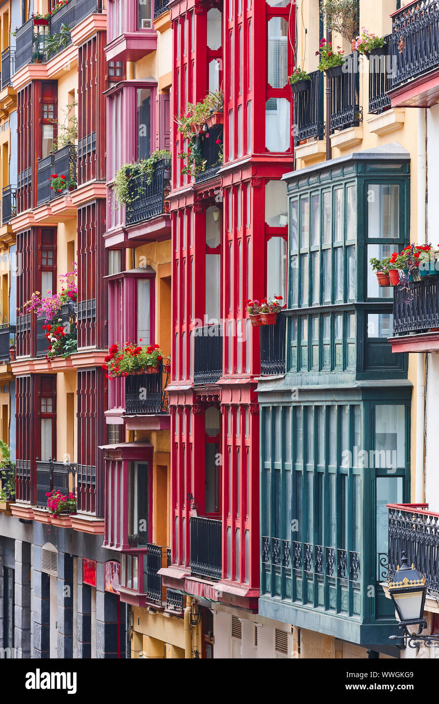 Traditional colorful building facades in Bilbao old town, Spain Stock ...