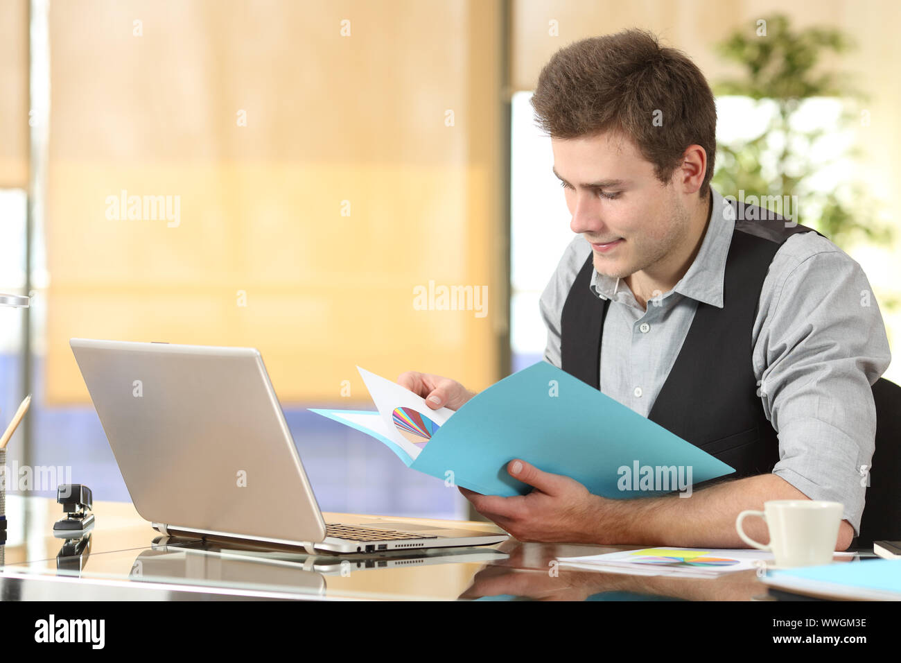 Serious businessman checking informs sitting at office Stock Photo