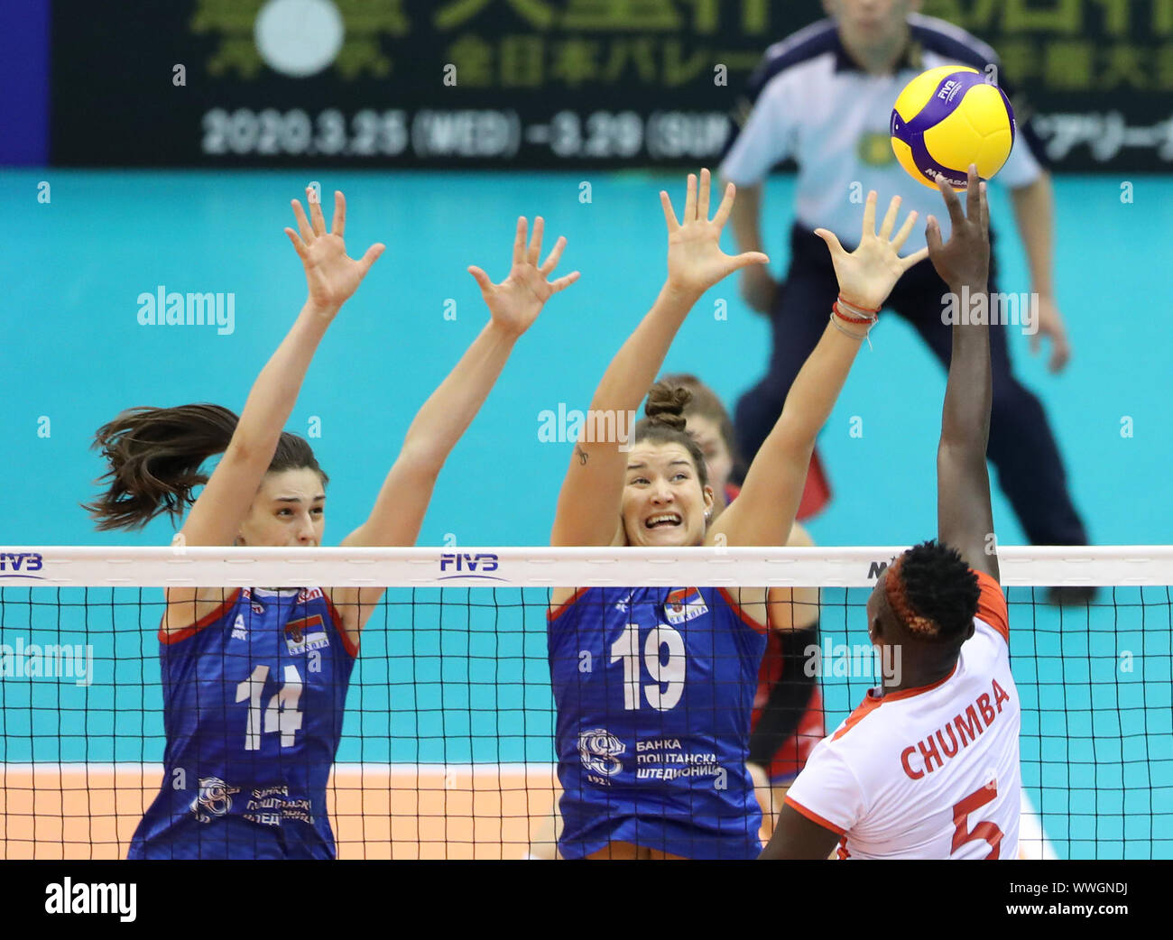 Hamamatsu Japan 16th Sep 19 Maja Aleksic L And Bojana Milenkovic C Of Serbia Block The Ball Against Sharon Chepchumba Kiprono Of Kenya During Their Round Robin Match At The 19 Fivb Hamamatsu Japan 16th Sep 19 Maja Aleksic L And Bojana Milenkovic C Of Serbia Block The Ball Against Sharon Chepchumba Kiprono Of Kenya During Their Round Robin Match At The 19 Fivb
