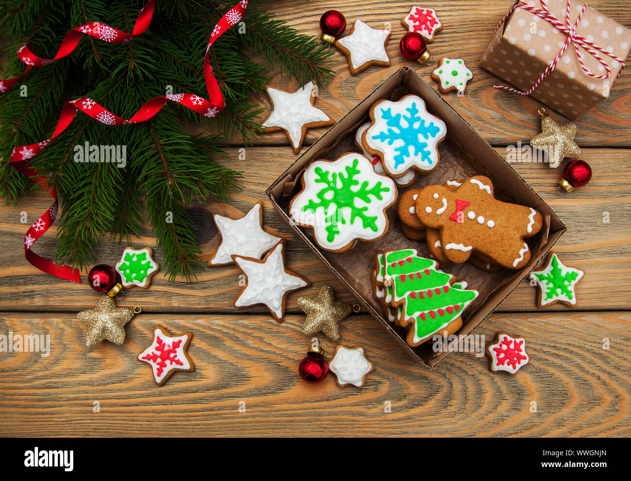 Box with Christmas cookies on a old wooden table Stock Photo - Alamy
