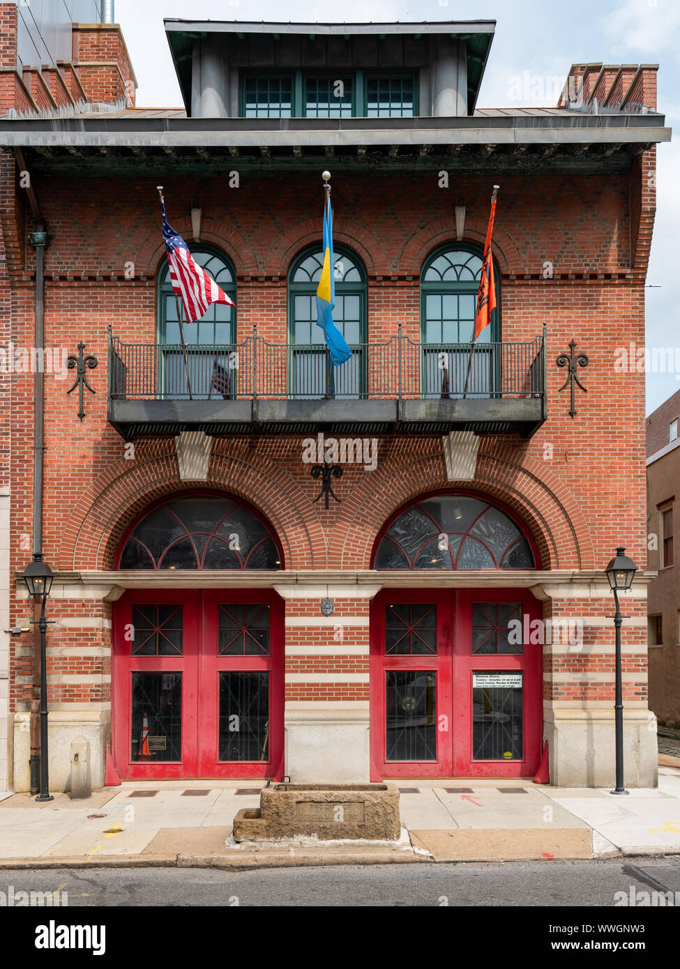 Fireman's Hall, the restored 1902 firehouse at 147 N 2nd St, traces its history back to Benjamin Franklin. It is now a museum. Stock Photo