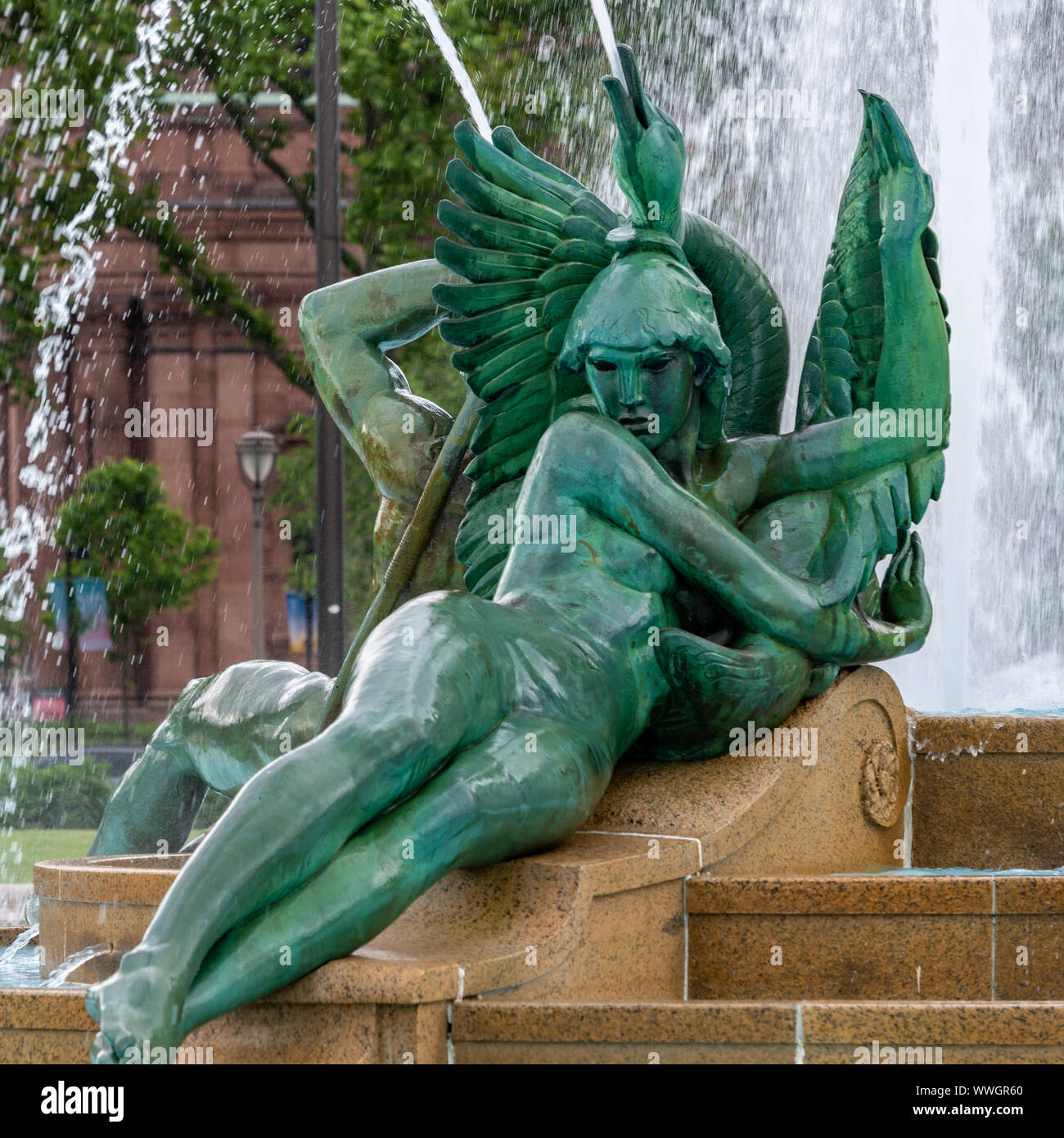 Alexander Stirling Calder's sculpture of a young native american woman leaning against a swan. Part of the Swann Memorial Fountain in Logan Circle. Stock Photo