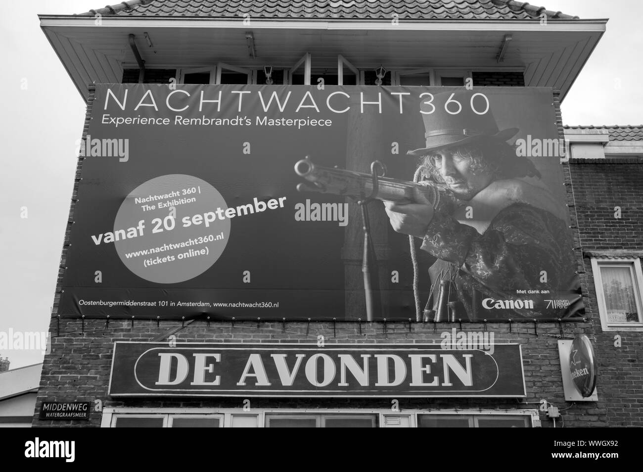 Billboard Cafe De Avonden Nachtwacht 360 At Amsterdam Betondorp The Netherlands 2019 In Black And White Stock Photo