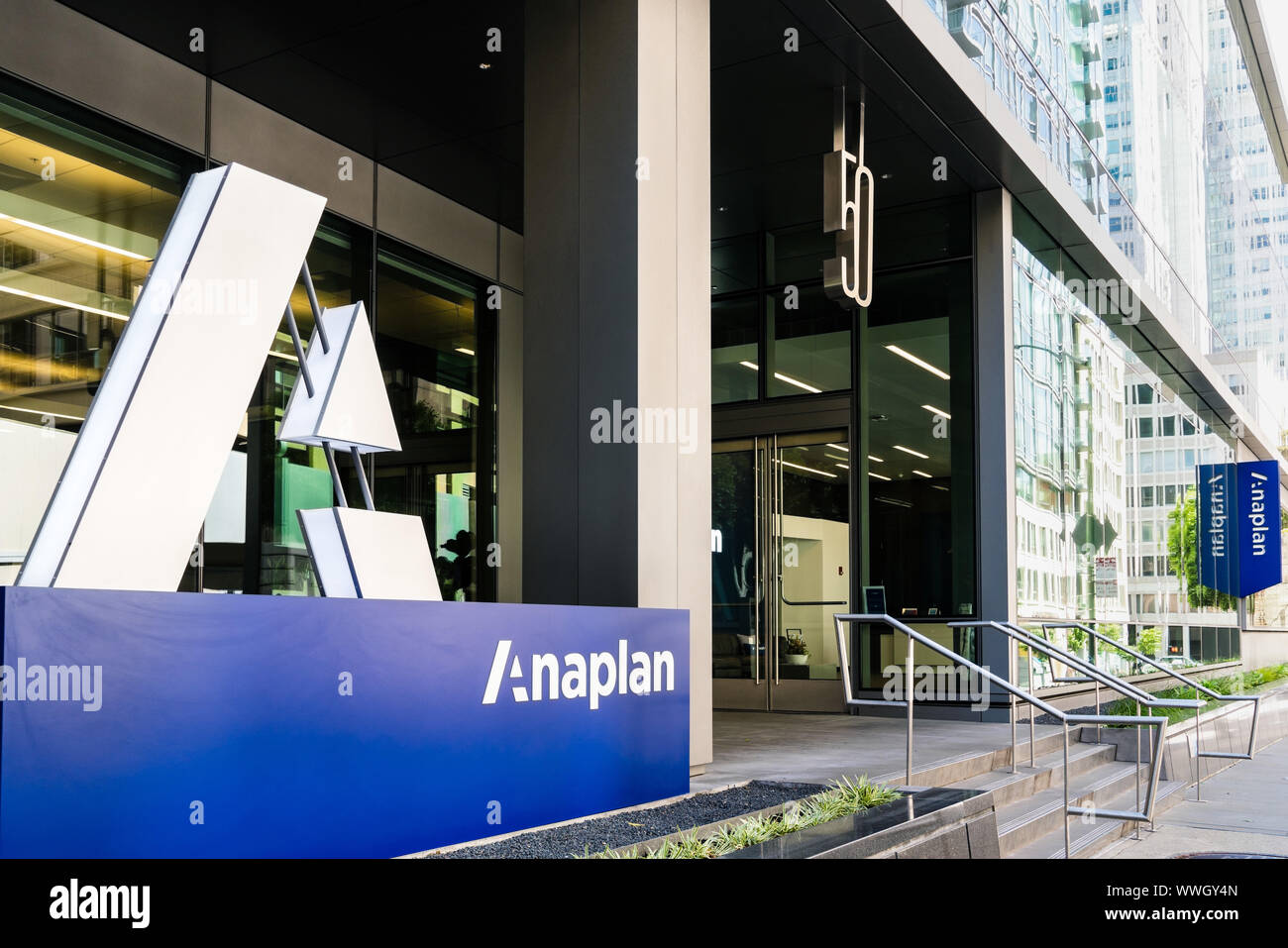 August 21, 2019 San Francisco / CA / USA - Anaplan headquarters in SOMA district; Anaplan is a software company producing a cloud computing, multi-ten Stock Photo