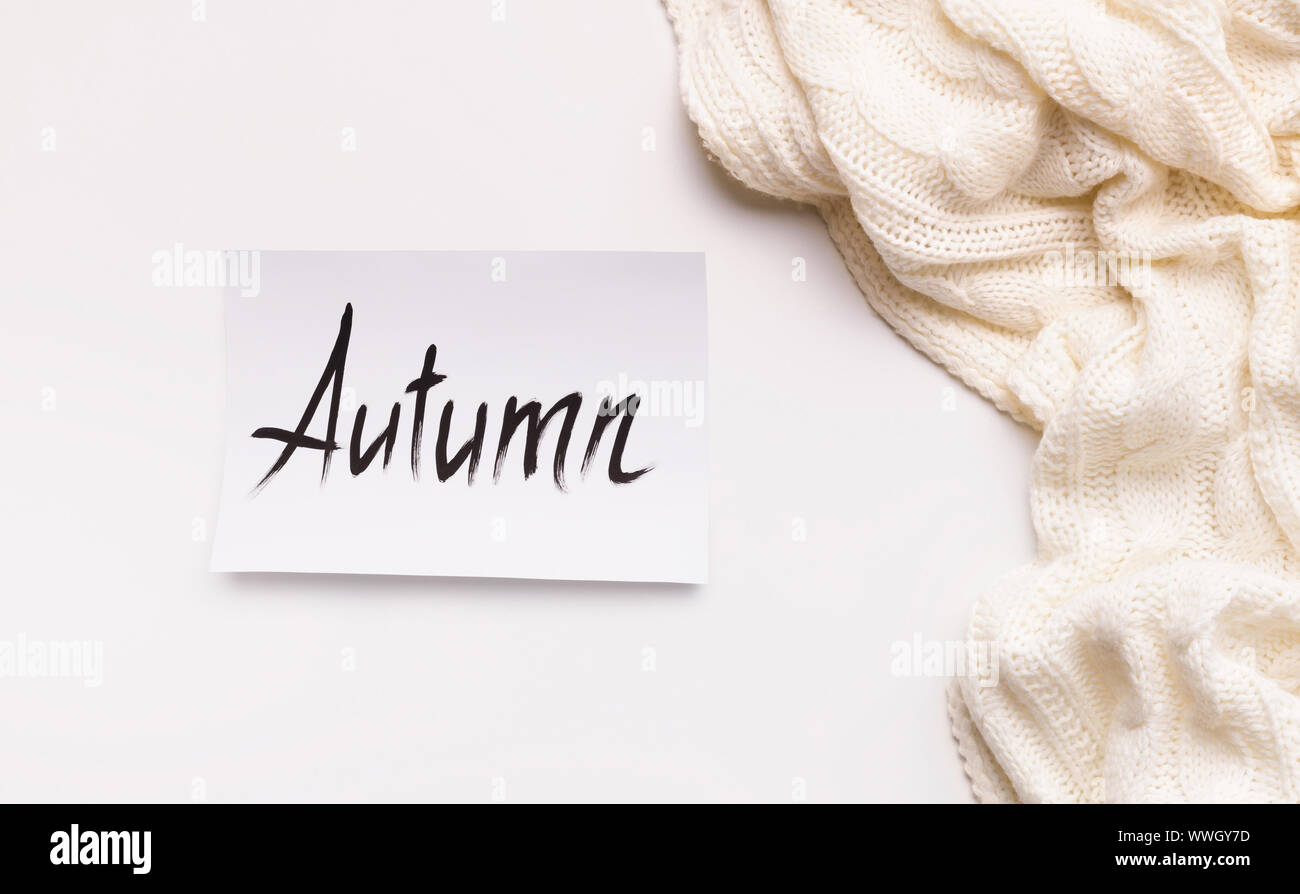 Creative autumn background with white wool scarf Stock Photo