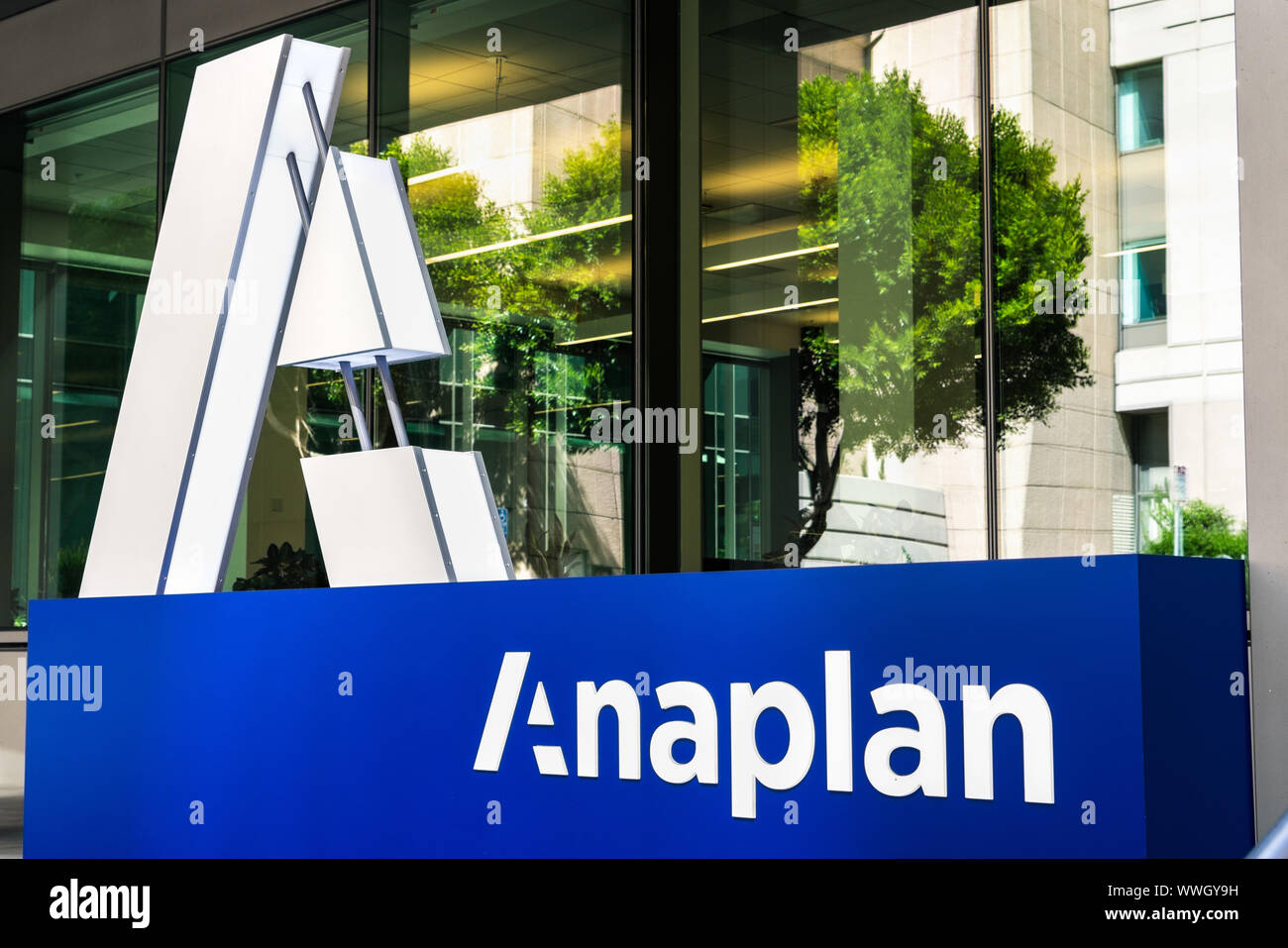 August 21, 2019 San Francisco / CA / USA - Close up of Anaplan sign at the HQ in SOMA district; Anaplan is a software company producing a cloud comput Stock Photo