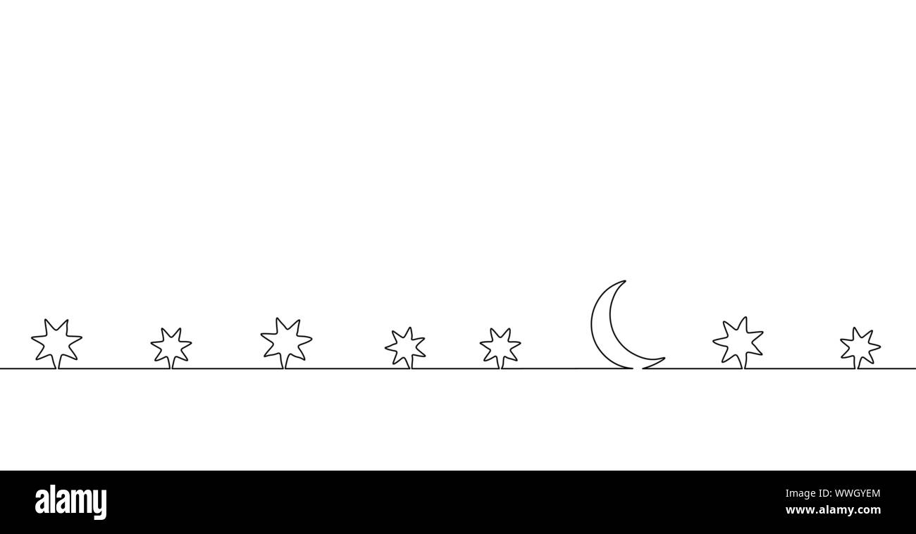 Single continuous one line art moon night. Sleep wall stars sky concept design sketch. Relax recreation starry evening holiday outline drawing vector Stock Vector