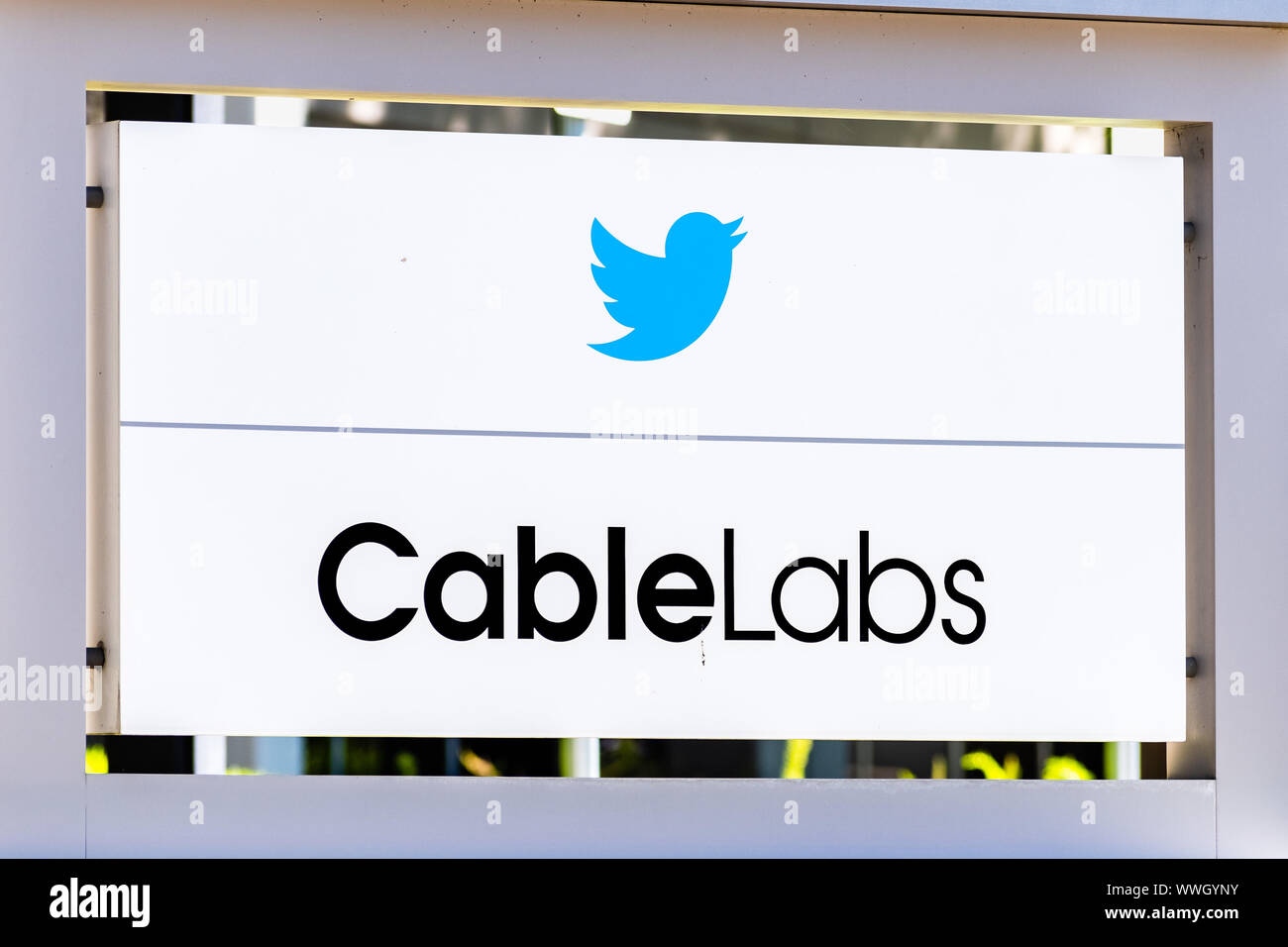 Sep 12, 2019 Sunnyvale / CA / USA - Twitter and CableLabs logos at their offices in Silicon Valley; Cable Television Laboratories, Inc. is a not-for-p Stock Photo