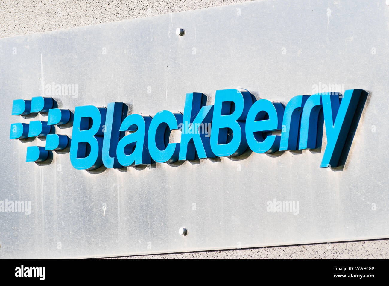Sep 14, 2019 Mountain View / CA / USA - Blackberry logo at their HQ  in Silicon Valley; BlackBerry Ltd (former developer of the BlackBerry smartphones Stock Photo