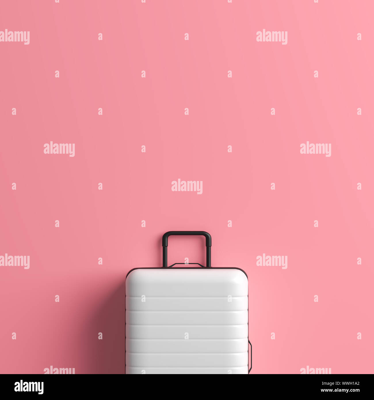 White suitcase on pastel pink background with copy space. Mock up for