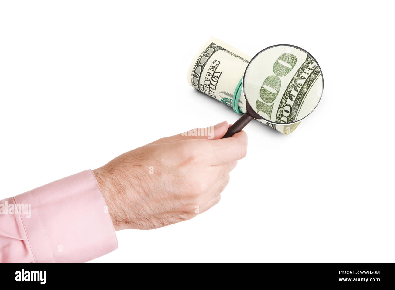 hand of man with loupe isolated on white background and money (made from my images) Stock Photo