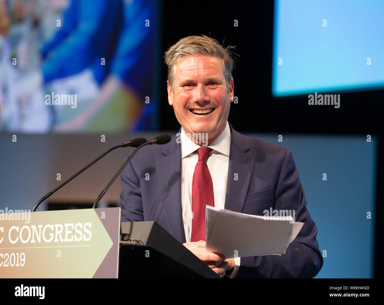 Shadow Secretary of State for Exiting the European Union, Sir Keir Starmer, speaks to the 151st TUC Conference in Brighton. Stock Photo