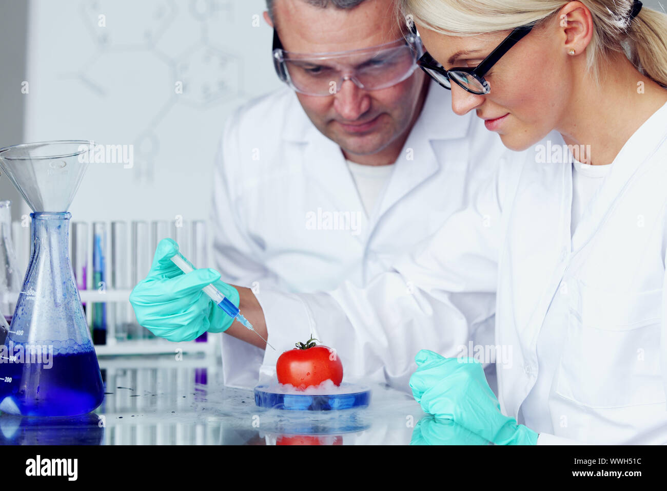 manand woman try to change tomato DNA Stock Photo