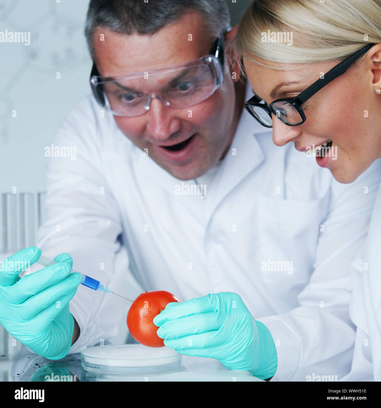 manand woman try to change tomato DNA Stock Photo