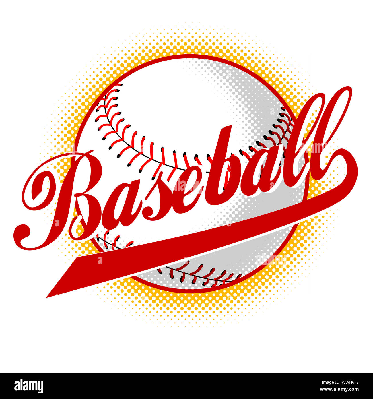 Illustration of a baseball ball with halftone dots in background on isolated background with words baseball Stock Photo