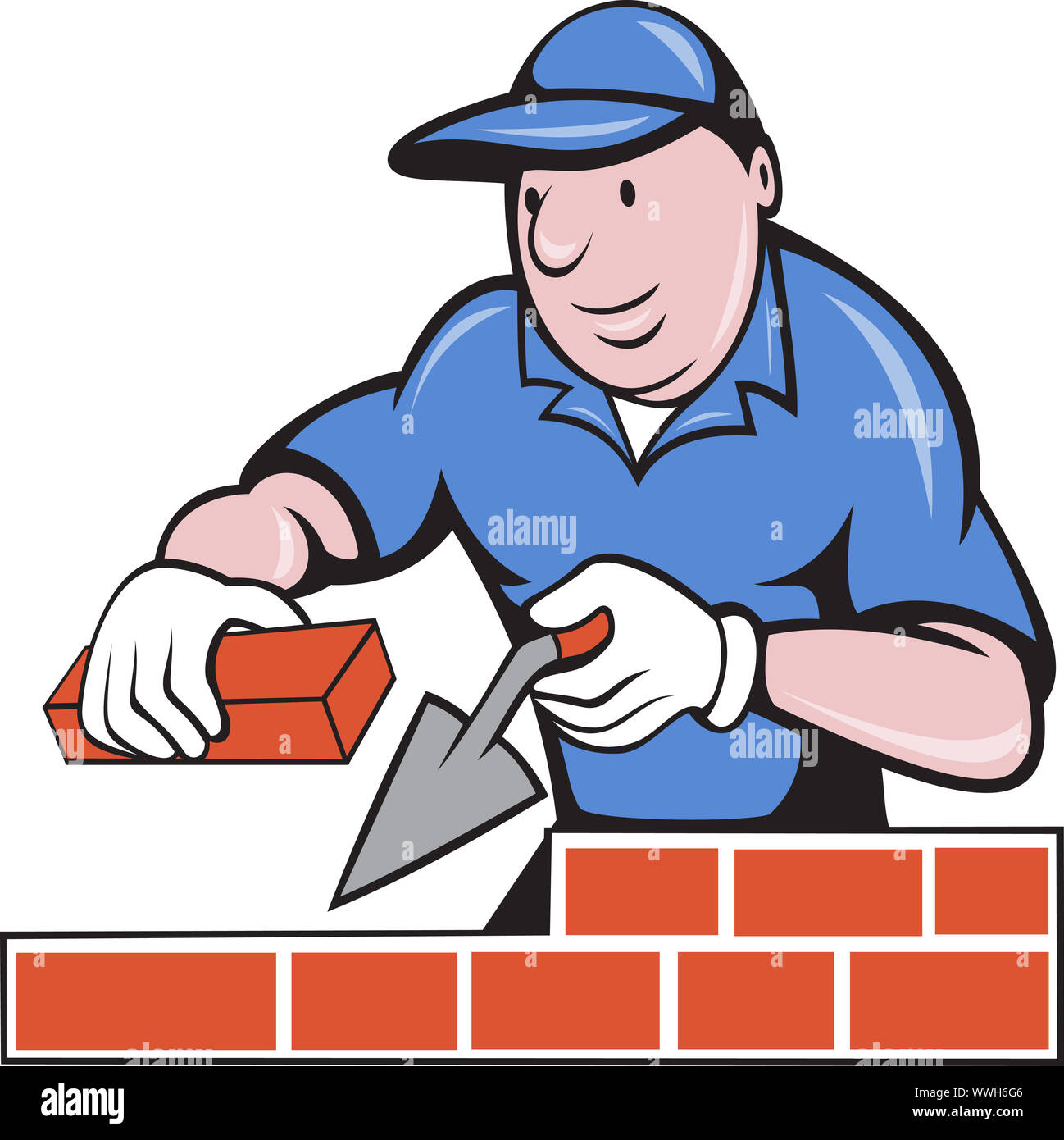 illustration of a bricklayer mason at work done in cartoon style on  isolated background Stock Photo - Alamy