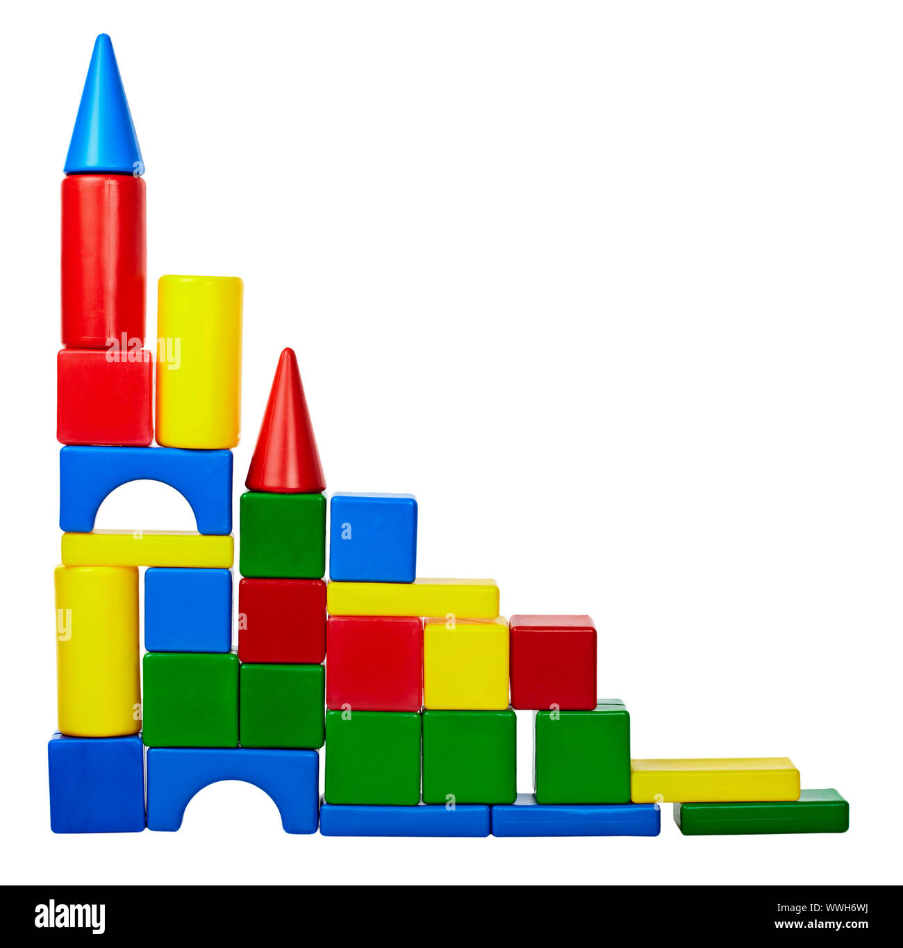 The tower of colored toy blocks isolated on white background Stock ...