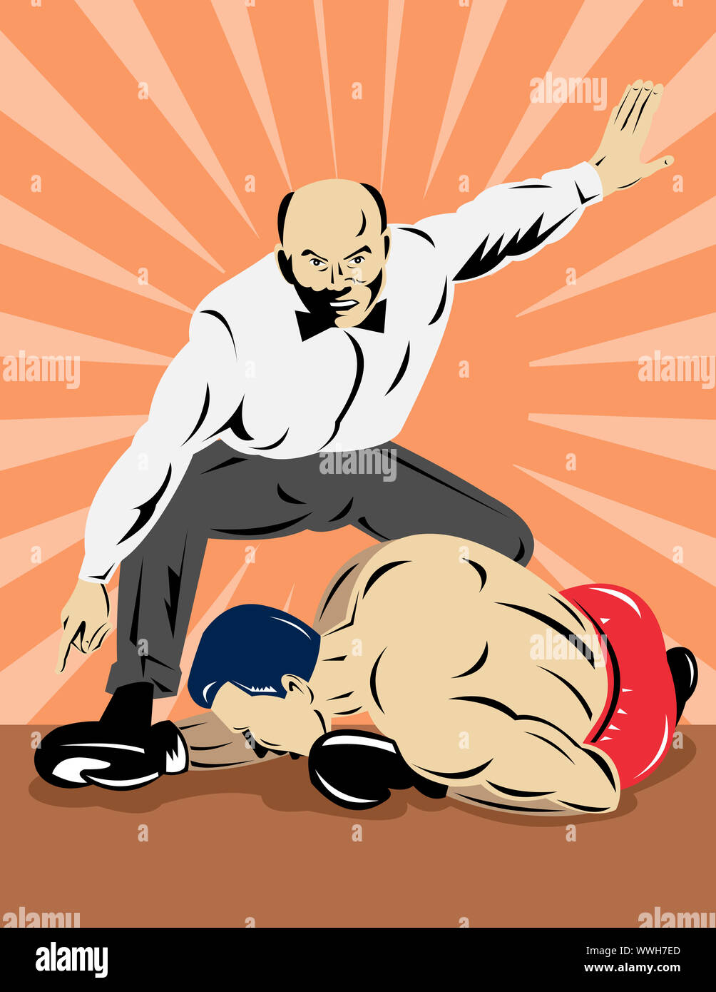 illustration of a referee counting down a boxer on floor done in retro style Stock Photo