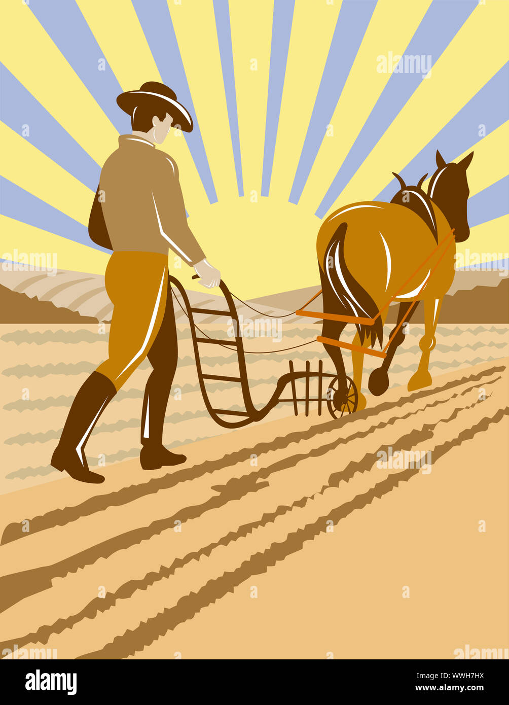 illustration of a farmer and horse plowing the farm field done in retro ...