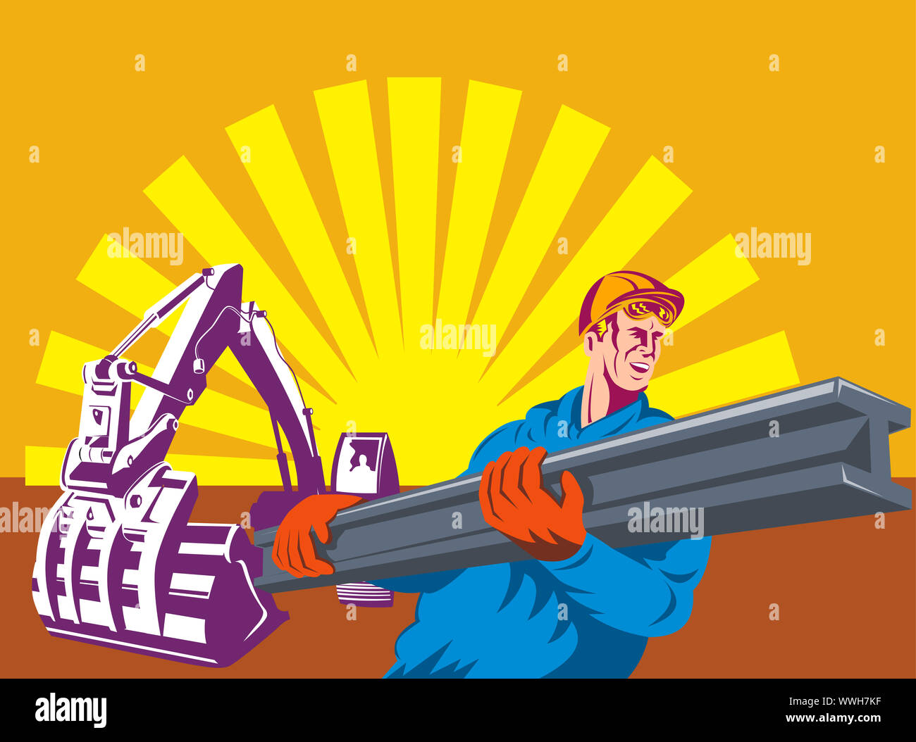 illustration of a construction worker at work carrying i-beam with ...