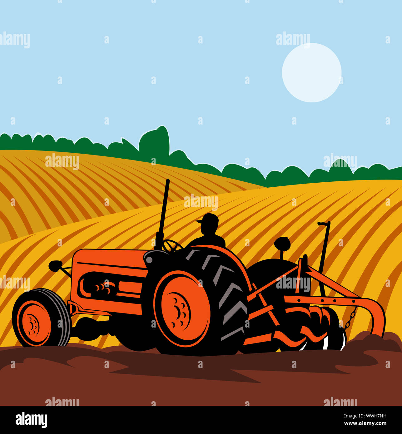 illustration of a vintage tractor with farmer driving in farm field ...