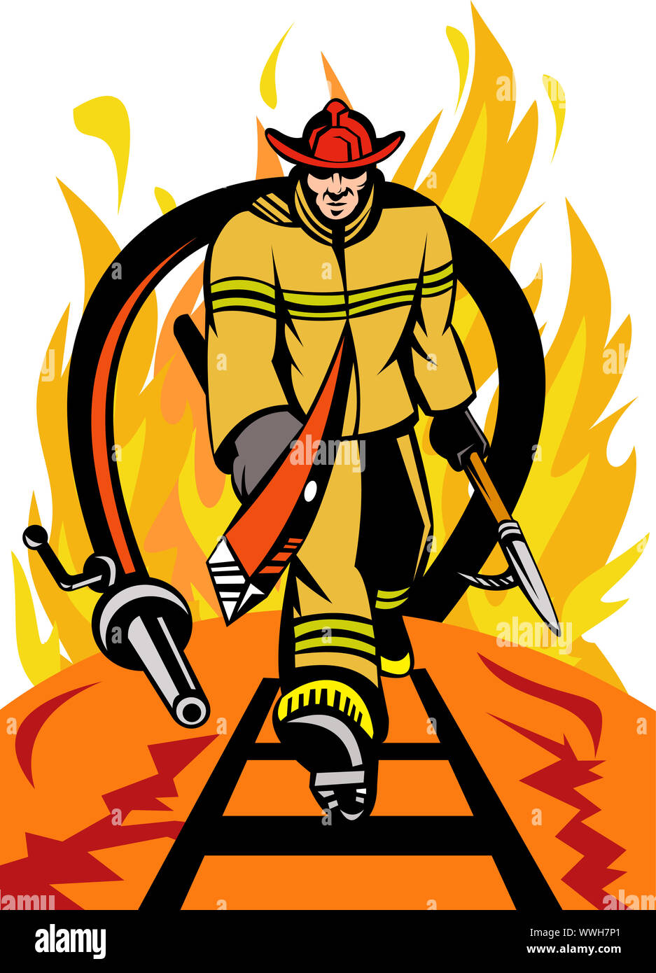 illustration of a fireman fire fighter with axe and spear hook walking