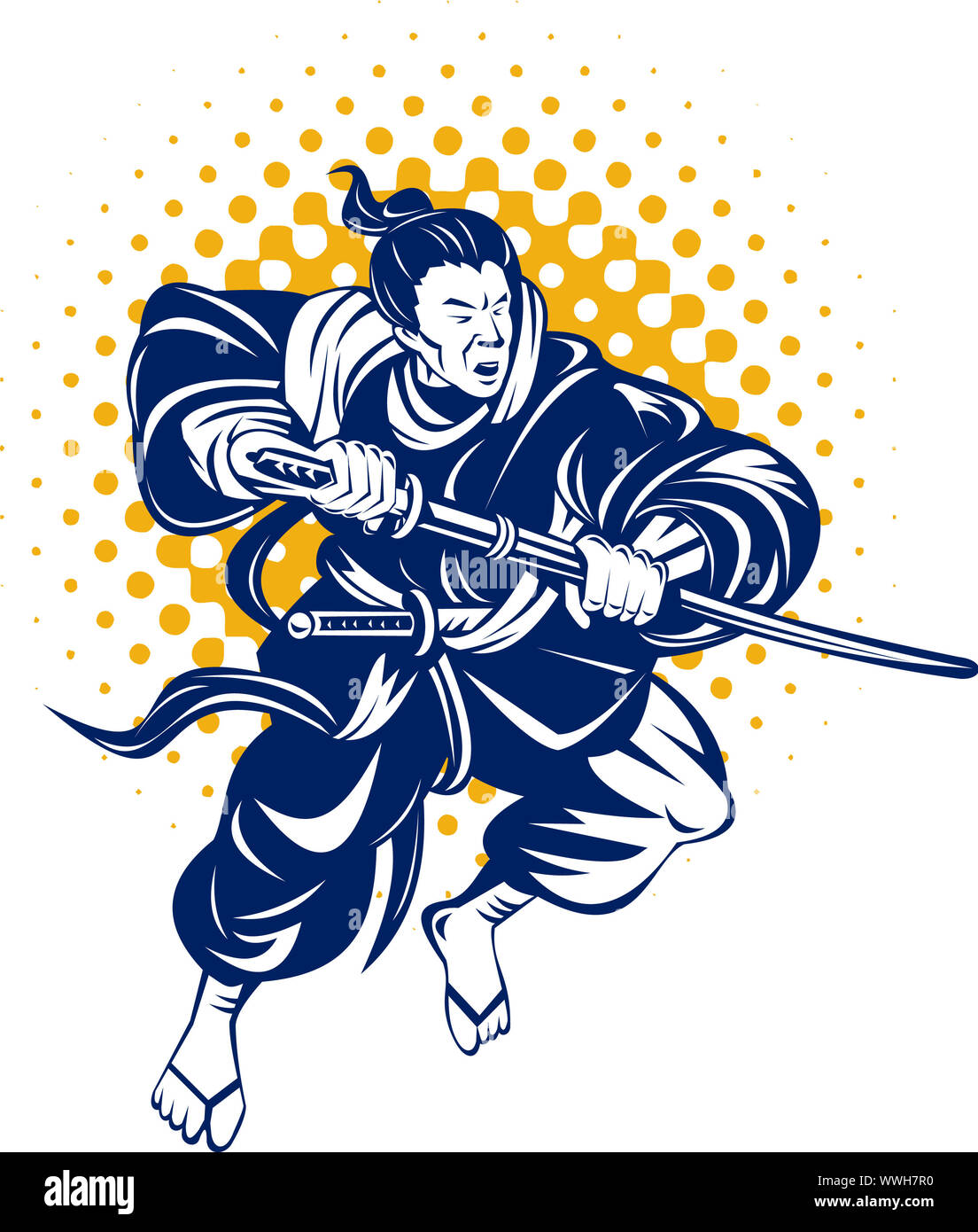 illustration of a Japanese samurai warrior fighting with katana sword on isolated background
