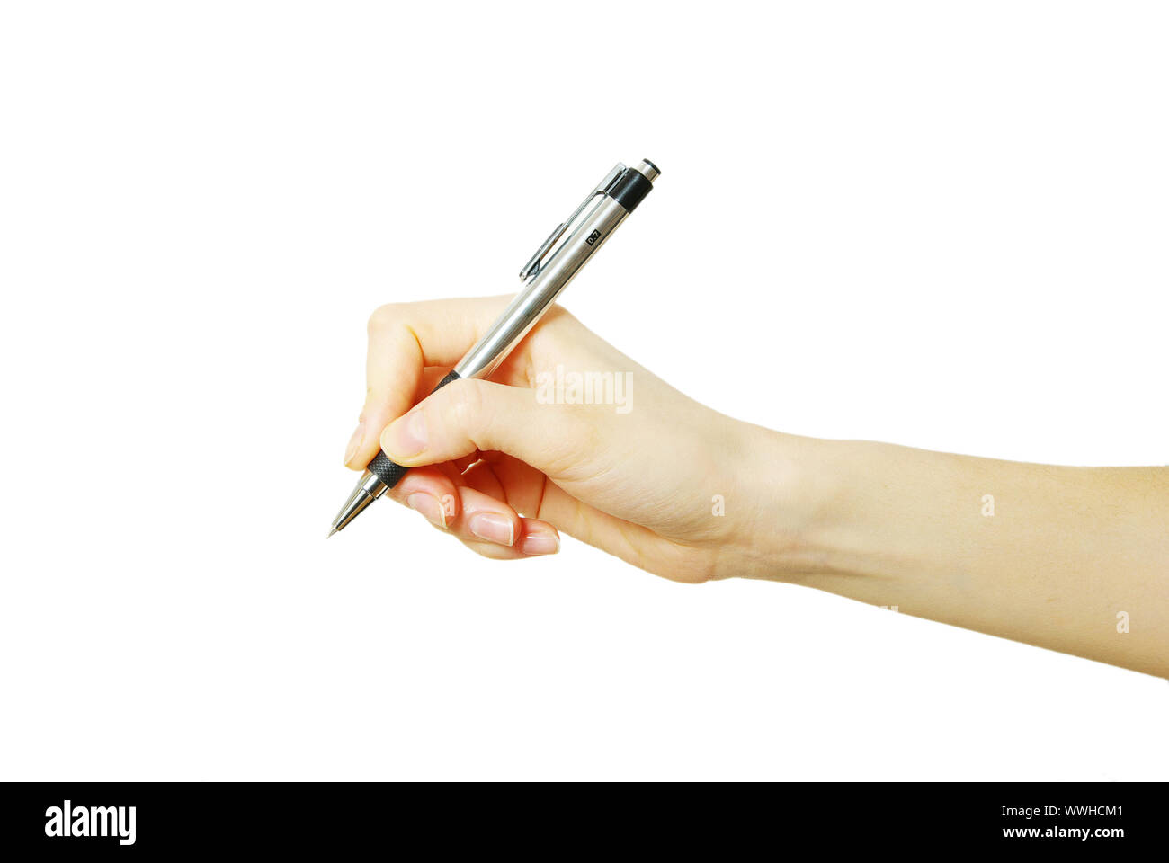 pen in woman hand isolated on white background Stock Photo - Alamy