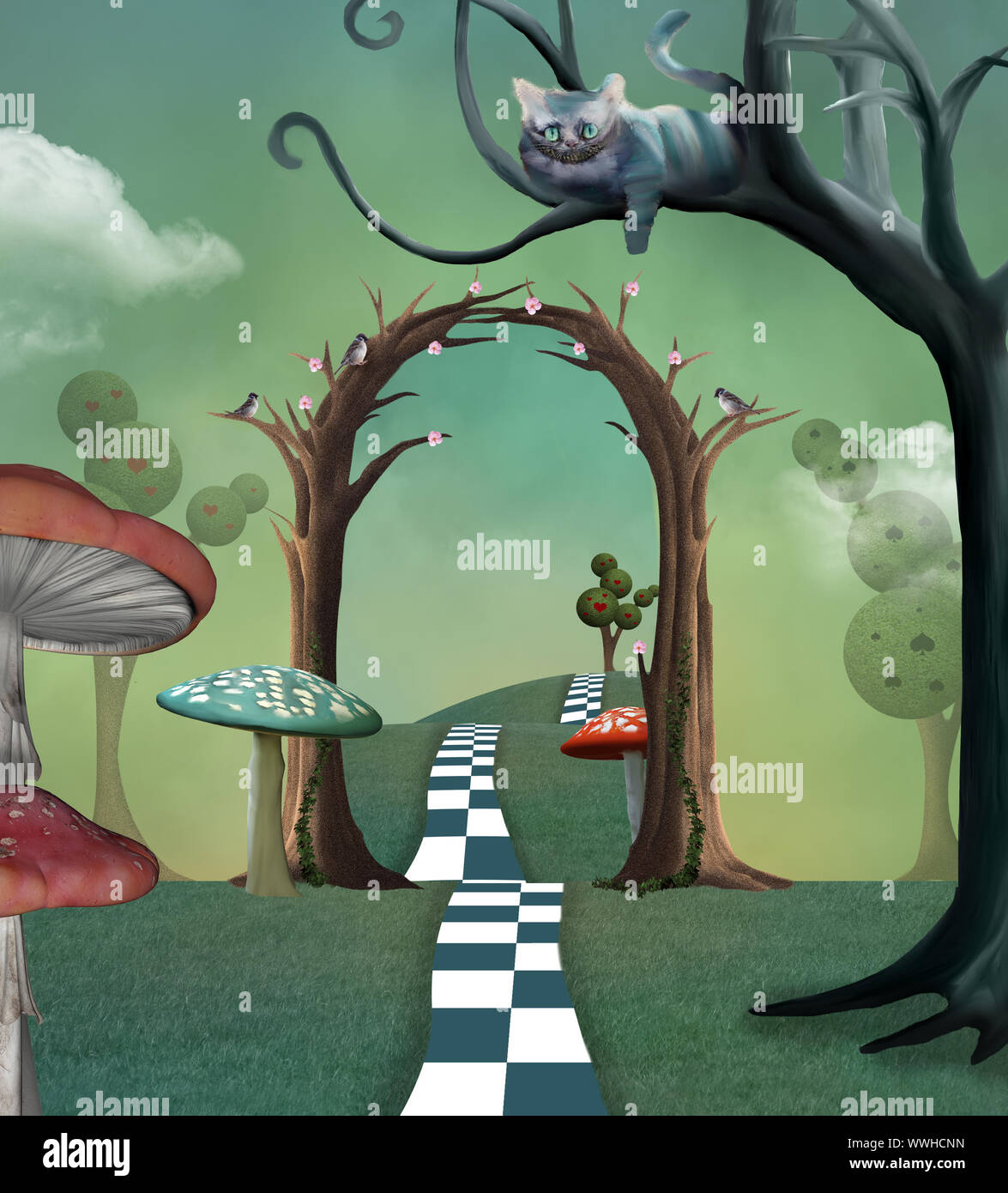 Wonderland series - Surreal countryside view with a secret  passage and cheshire cat Stock Photo