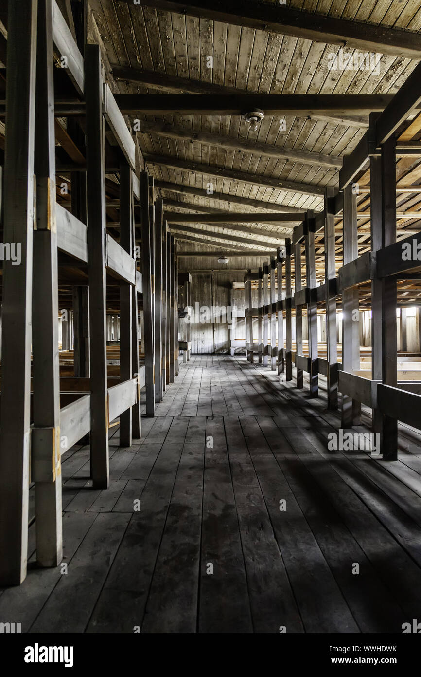 Bunk beds of a concentration camp, detail of beds for prisoners Stock