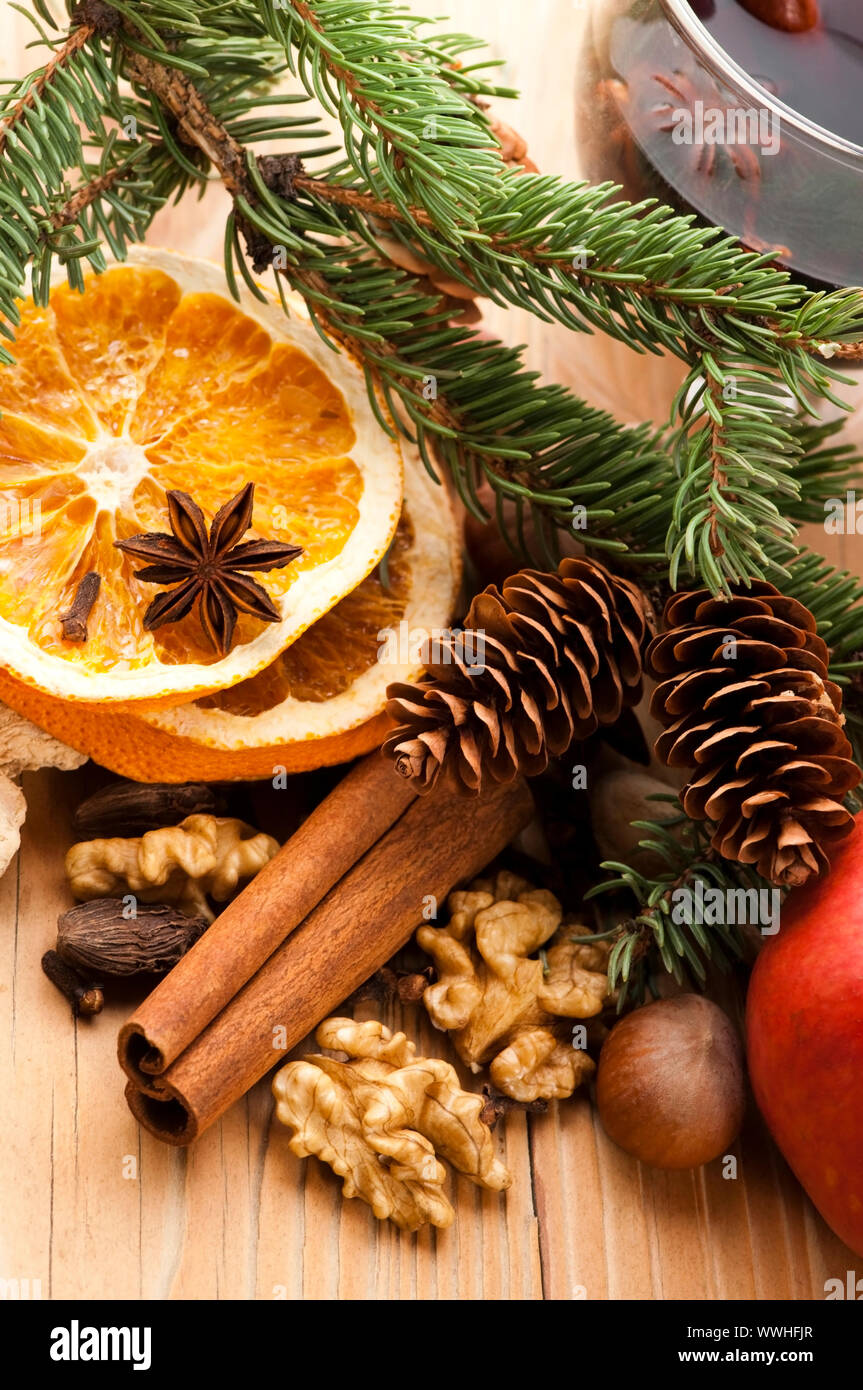 Different Kinds Of Spices Nuts And Dried Oranges Christmas