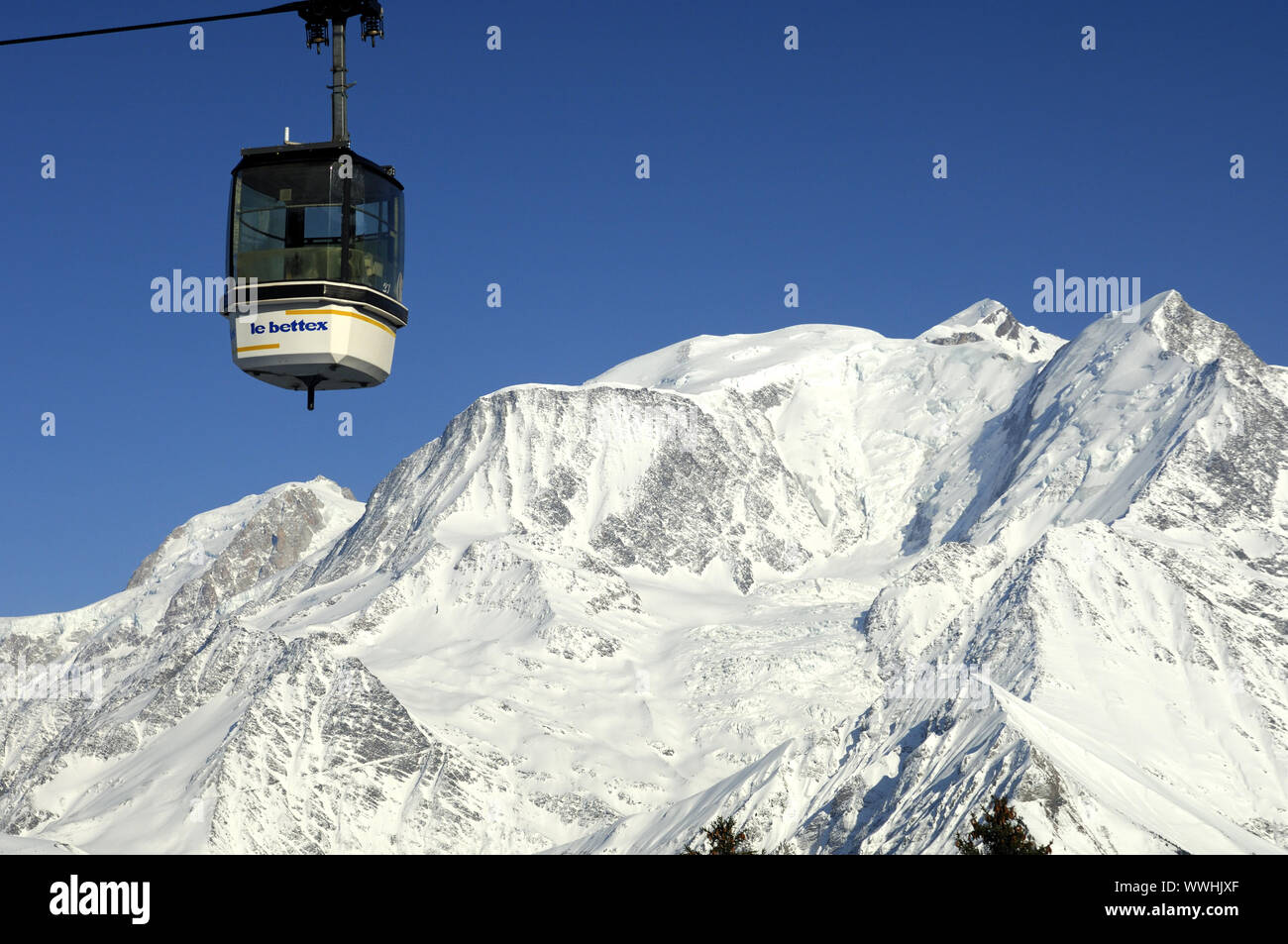 Cable car in front of the Mont Blanc massif Stock Photo