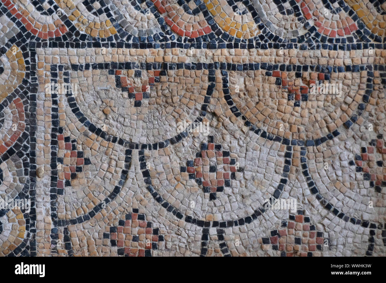 Floor mosaic dating back to the 4th century at the Church of the Nativity, or Basilica of the Nativity, traditionally believed by Christians to be the birthplace of Jesus Christ in the West Bank town of Bethlehem in the Autonomous Palestinian Authority Stock Photo