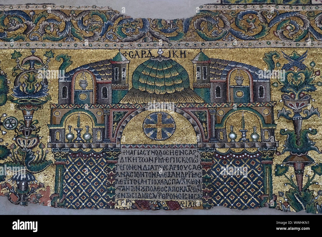 A renovated part of a Byzantine era gold leafed mosaic at the Church of the Nativity, or Basilica of the Nativity, traditionally believed by Christians to be the birthplace of Jesus Christ in the West Bank town of Bethlehem in the Autonomous Palestinian Authority Stock Photo