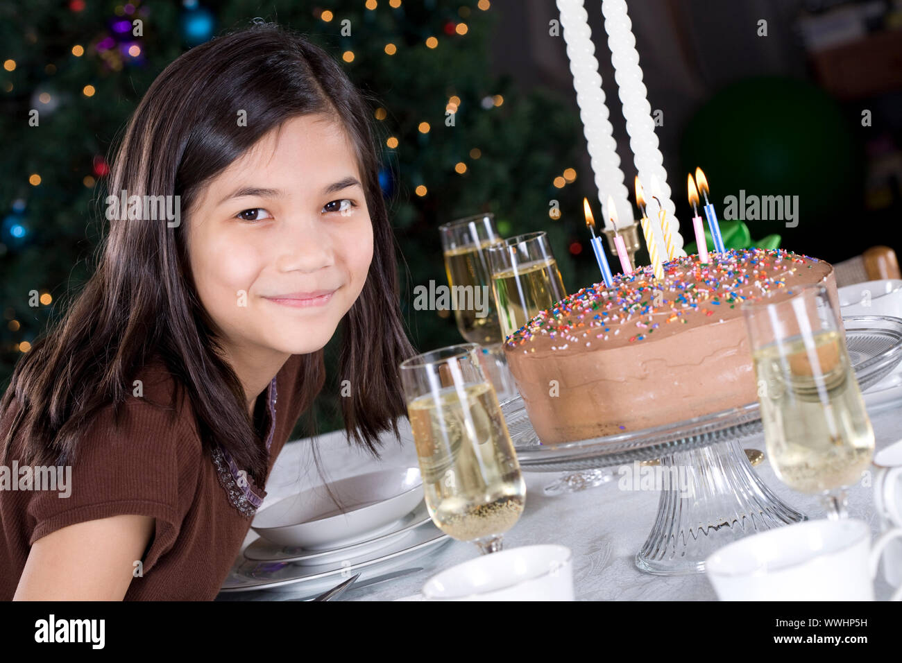 Little girl ready to blow out her birthday cake candles Stock Photo Alamy