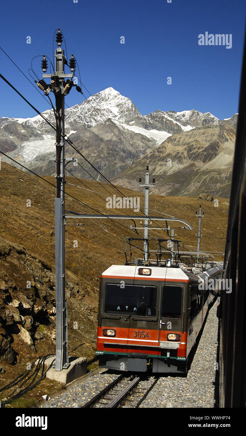Gornergrat Railway in front of the Dent Blanche, Zermatt, Schw Stock Photo