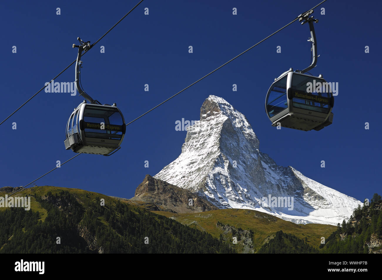 Empty gondolas of the Matterhorn Express, Zermatt Stock Photo