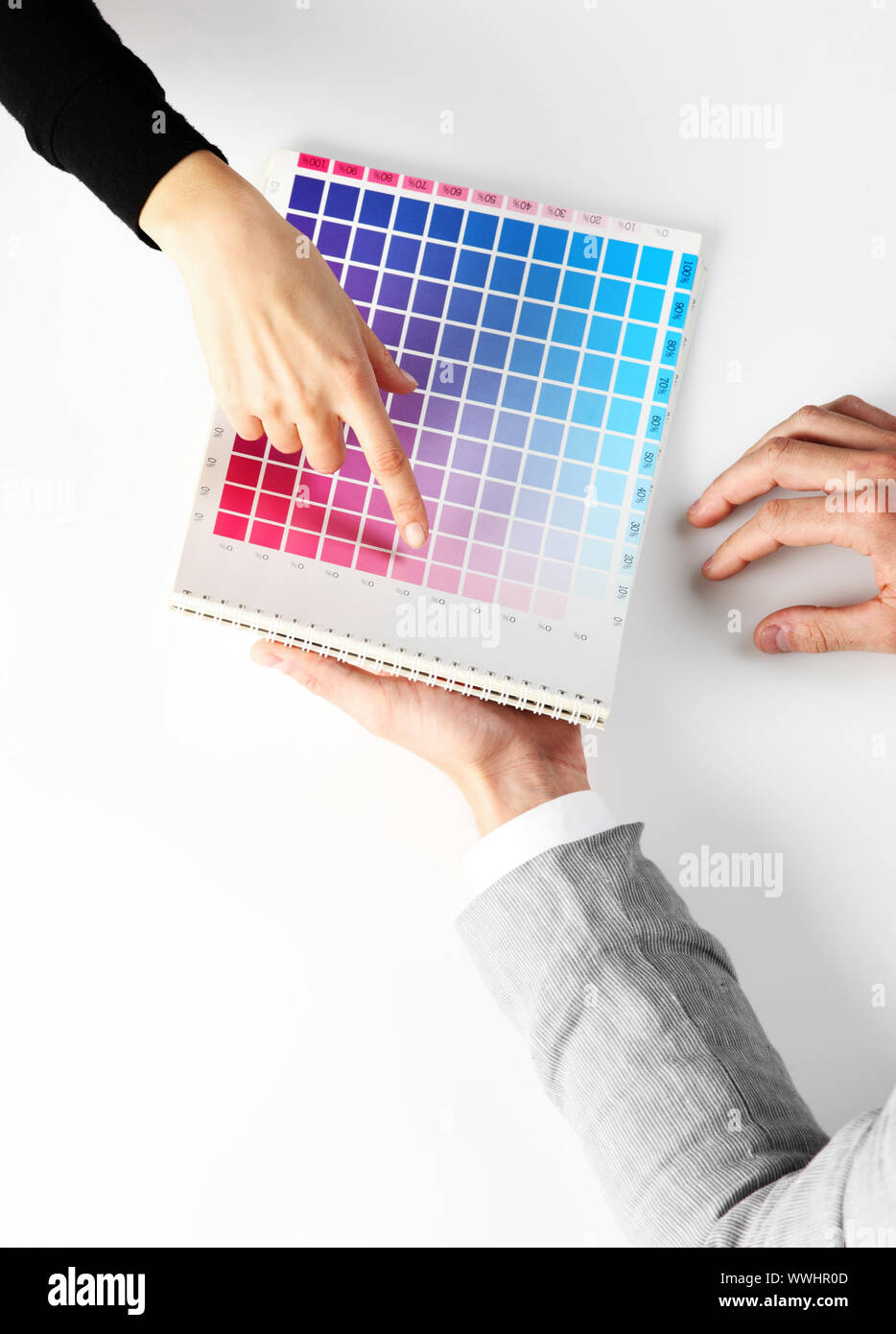 woman Choosing color from color scale, top view Stock Photo - Alamy